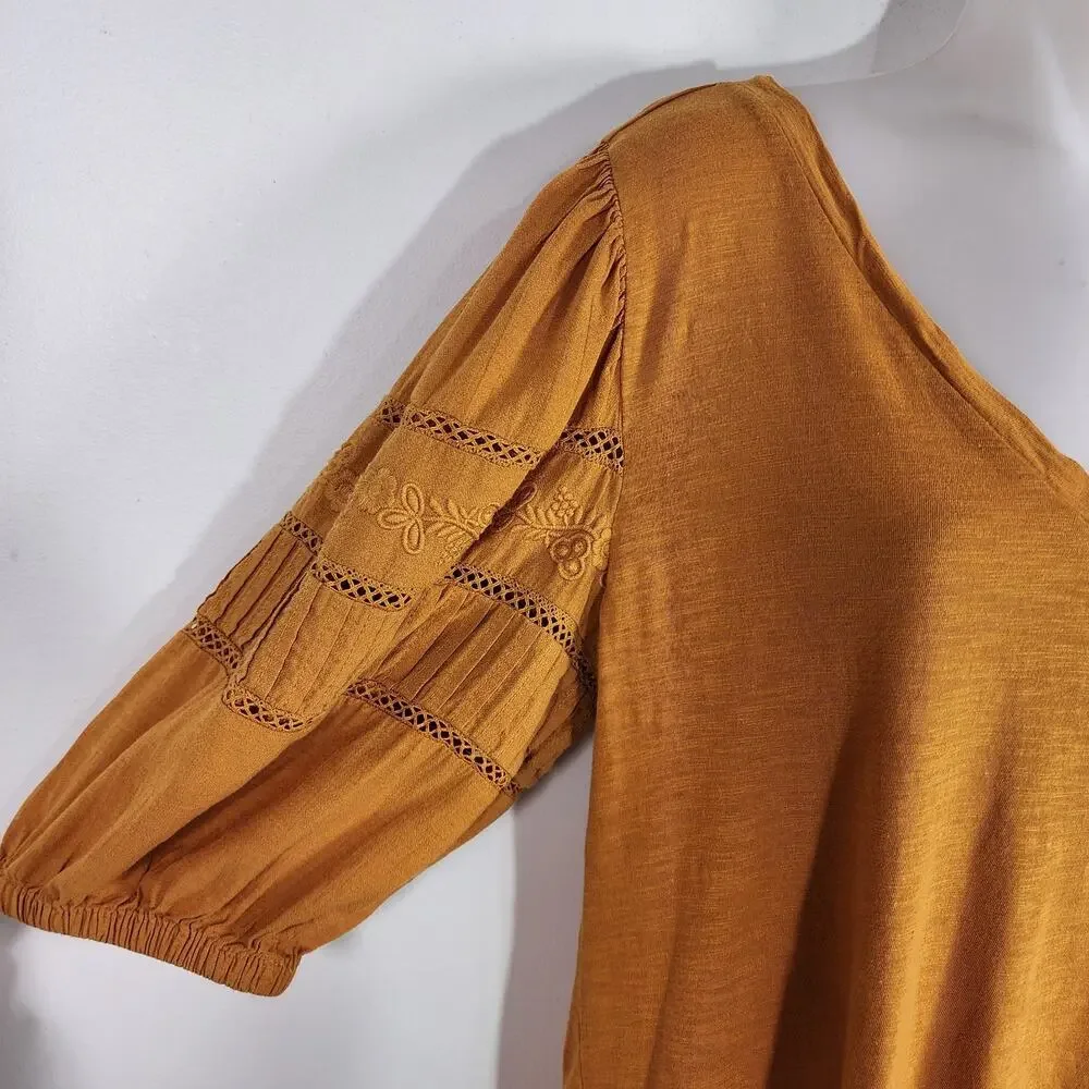 LOFT Top Mustard Yellow Embroidered Puff Sleeve V Neck Medium Boho Lace Cottage